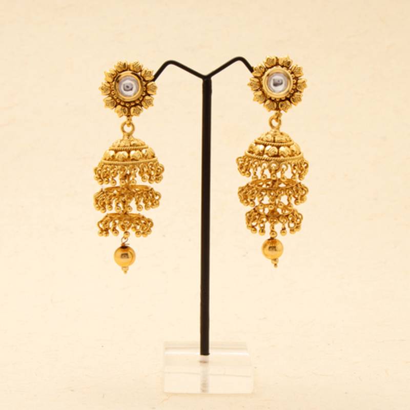 Golden Three Layered Jhumkas with A Kundan Stud