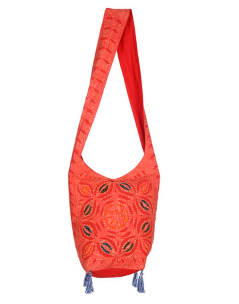 Red Cotton Floral Cotton Cutwork Women jhola Bag