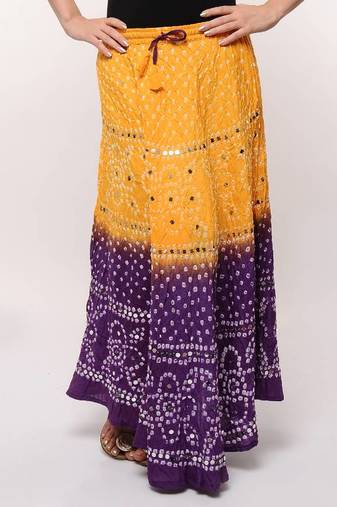 Yellow Purple Cotton Bandhej Skirt
