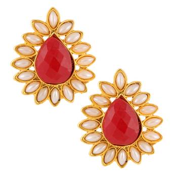 Ethnic India Stud ADIVA Earring Maroon Red tear drop stone with pearl border 1