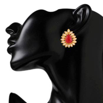 Ethnic India Stud ADIVA Earring Maroon Red tear drop stone with pearl border 3