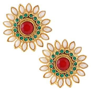 Beautiful flower pearl stud, pearls India vintage ADIVA copper earring 1