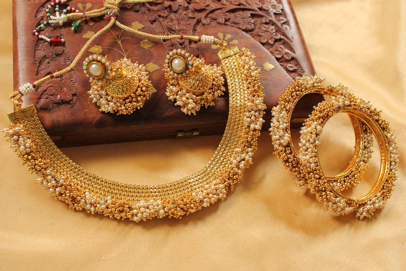 Lovely Antique  Designer Pearl Gold  Necklace Set With Bangles