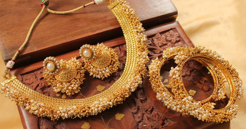 Lovely Antique  Designer Pearl Gold  Necklace Set With Bangles