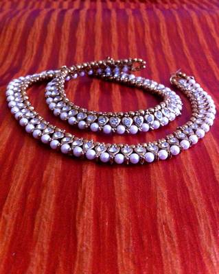 White Diamentes Pearl Payal or Anklet- Ethnic Indian Bollywood Jewelry b159 1
