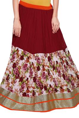 Maroon Georgette Crush Flower Print Skirt 1