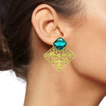 Gold Plated Sea Green Stone Filigree Stud Earring for Women 4