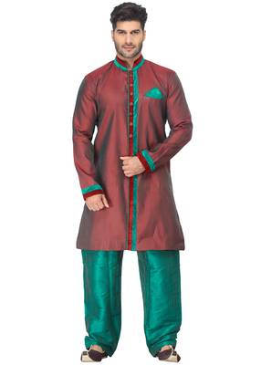 Red  Indo Western Kurta Set With Velvet Colllar And Full Panel Patti And Buttons 1