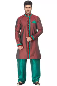 Red  Indo Western Kurta Set With Velvet Colllar And Full Panel Patti And Buttons