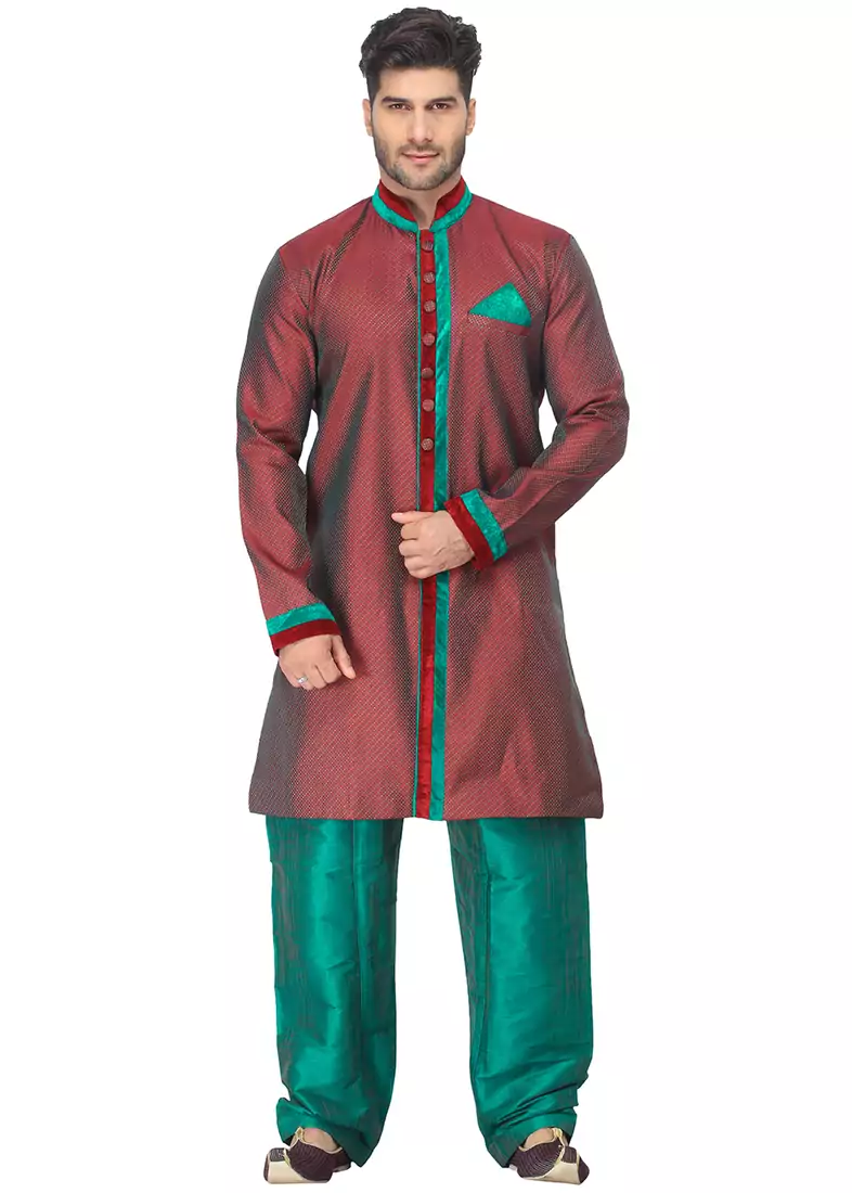 Red  Indo Western Kurta Set With Velvet Colllar And Full Panel Patti And Buttons