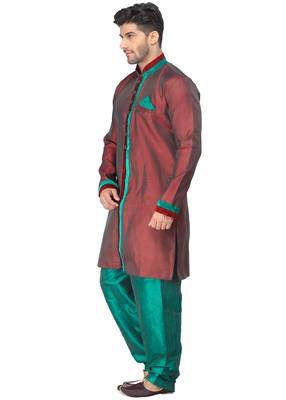 Red  Indo Western Kurta Set With Velvet Colllar And Full Panel Patti And Buttons 2