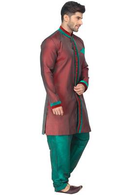 Red  Indo Western Kurta Set With Velvet Colllar And Full Panel Patti And Buttons 3