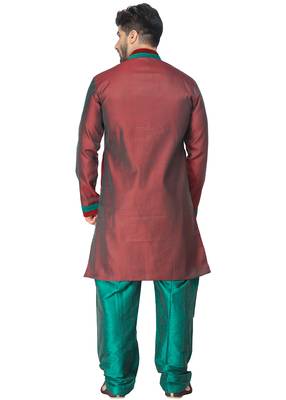 Red  Indo Western Kurta Set With Velvet Colllar And Full Panel Patti And Buttons 4