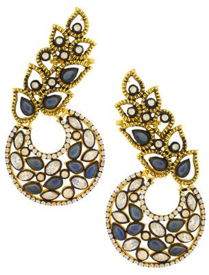 Designer Flower Kundan Sapphire Blue Gold Plated Chaand Bali Ear Cuff Earring for Women 1