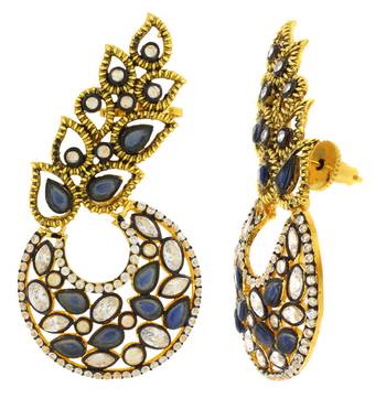 Designer Flower Kundan Sapphire Blue Gold Plated Chaand Bali Ear Cuff Earring for Women 2
