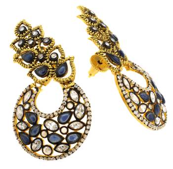 Designer Flower Kundan Sapphire Blue Gold Plated Chaand Bali Ear Cuff Earring for Women 3