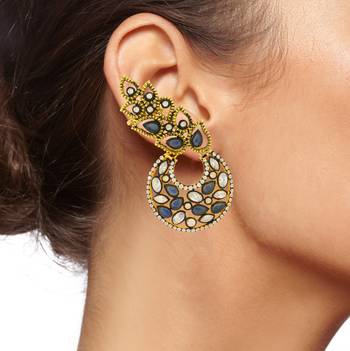 Designer Flower Kundan Sapphire Blue Gold Plated Chaand Bali Ear Cuff Earring for Women 4