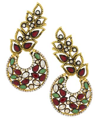 Designer Flower Kundan Red Green Gold Plated Chaand Bali Ear Cuff Earring for Women 1