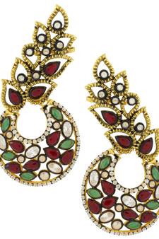 Designer Flower Kundan Red Green Gold Plated Chaand Bali Ear Cuff Earring for Women