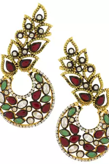 Designer Flower Kundan Red Green Gold Plated Chaand Bali Ear Cuff Earring for Women