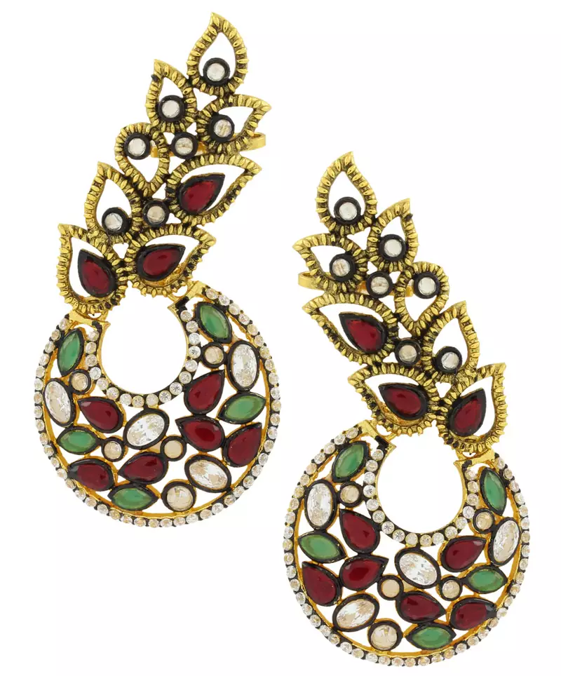 Designer Flower Kundan Red Green Gold Plated Chaand Bali Ear Cuff Earring for Women