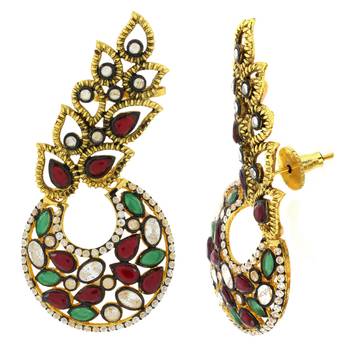 Designer Flower Kundan Red Green Gold Plated Chaand Bali Ear Cuff Earring for Women 2