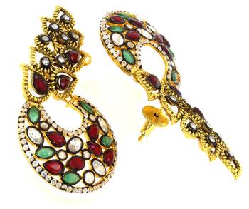 Designer Flower Kundan Red Green Gold Plated Chaand Bali Ear Cuff Earring for Women 3