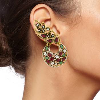Designer Flower Kundan Red Green Gold Plated Chaand Bali Ear Cuff Earring for Women 4