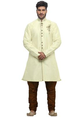 Cream Indo Western Kurta Set With Hand Embroided Buttons And Butta And Collar 1