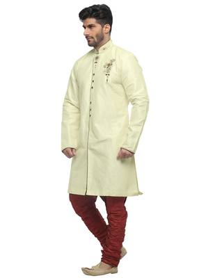Cream Indo Western Kurta Set With Hand Embroided Buttons And Butta And Collar 2