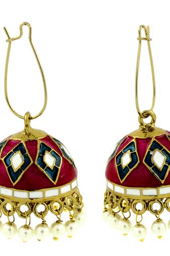 Maroon Blue White Gold Plated Meenakari Pearl Enamel Jhumki Earring for Women
