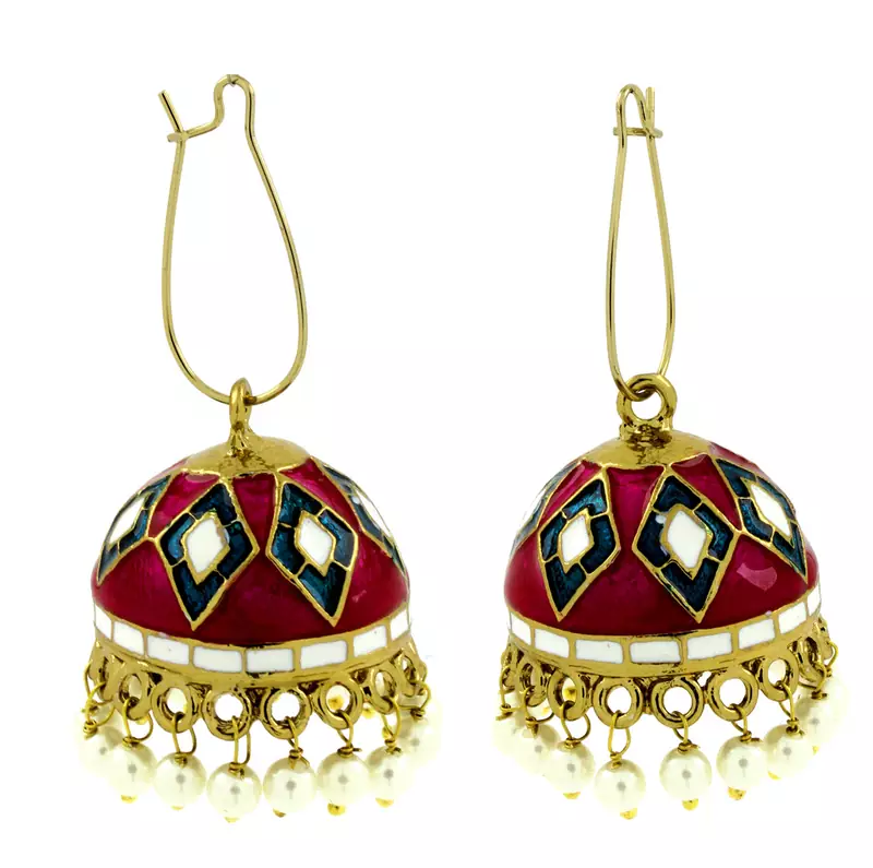 Maroon Blue White Gold Plated Meenakari Pearl Enamel Jhumki Earring for Women