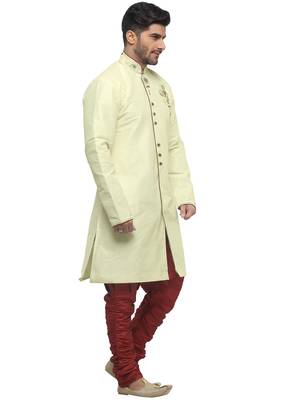 Cream Indo Western Kurta Set With Hand Embroided Buttons And Butta And Collar 3
