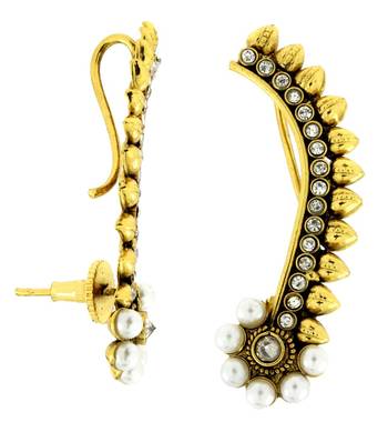 American Diamond Pearl Antique Gold Plated Temple Ear cuff Pair Earring for Women 2