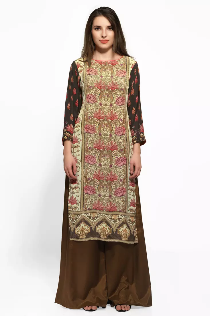 Beige crepe digital print kurti