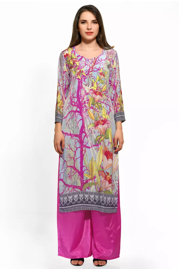 Sky blue and pink crepe printed kurti