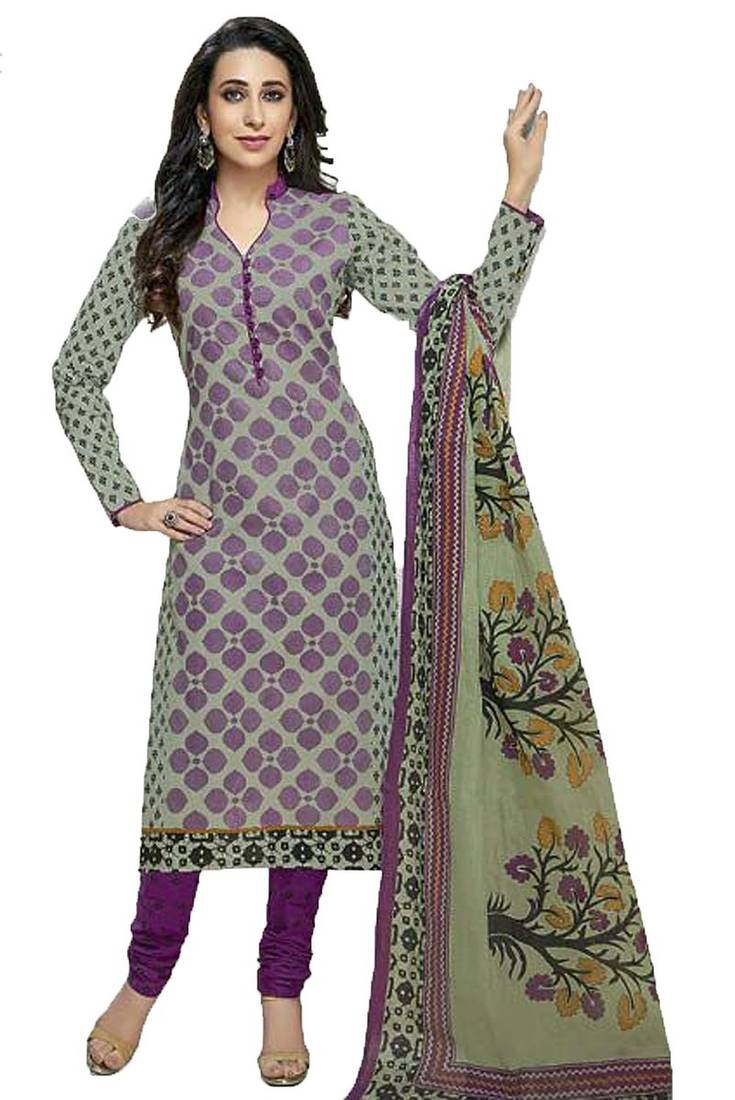 Grey Cotton printed unstitched salwar with dupatta