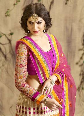 Fuchsia net zari work unstitched bridal lehenga choli 2