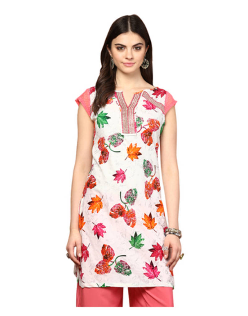 Off White & Maroon Printed Cotton Kurtis