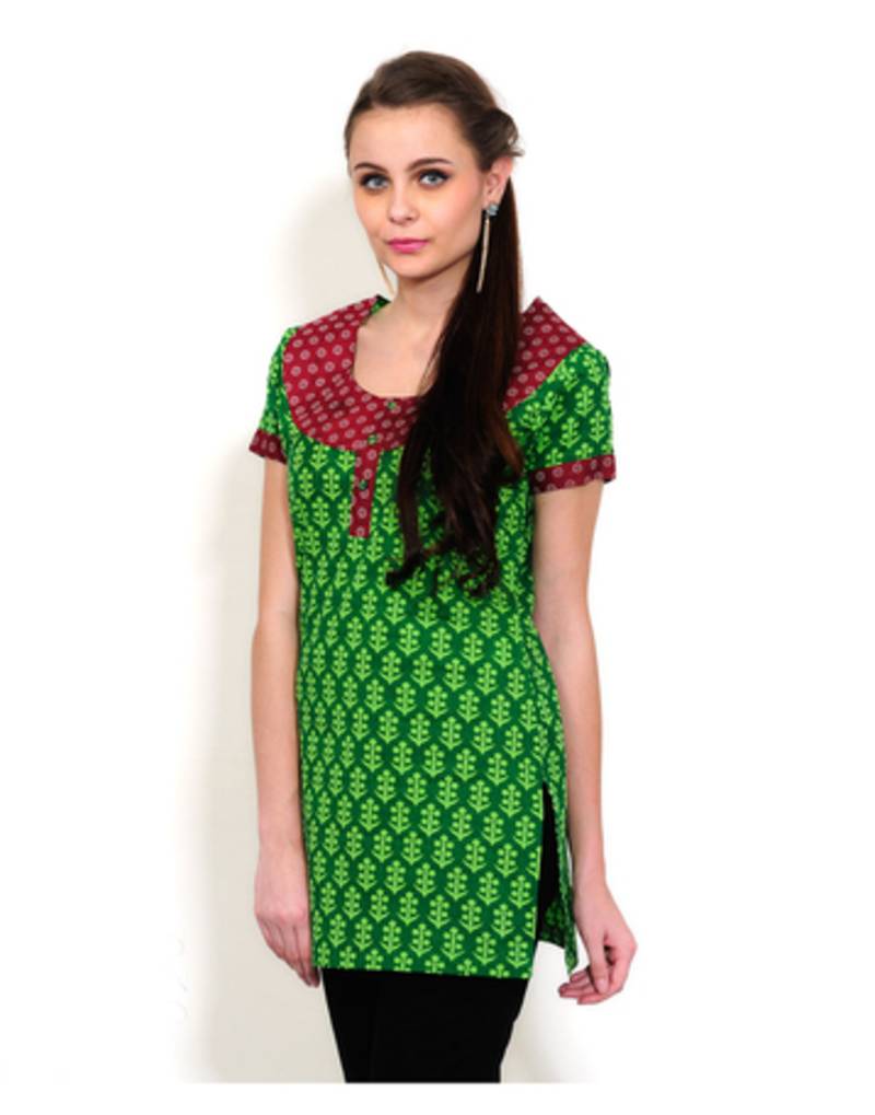 Green & Maroon Printed Cotton Kurtis