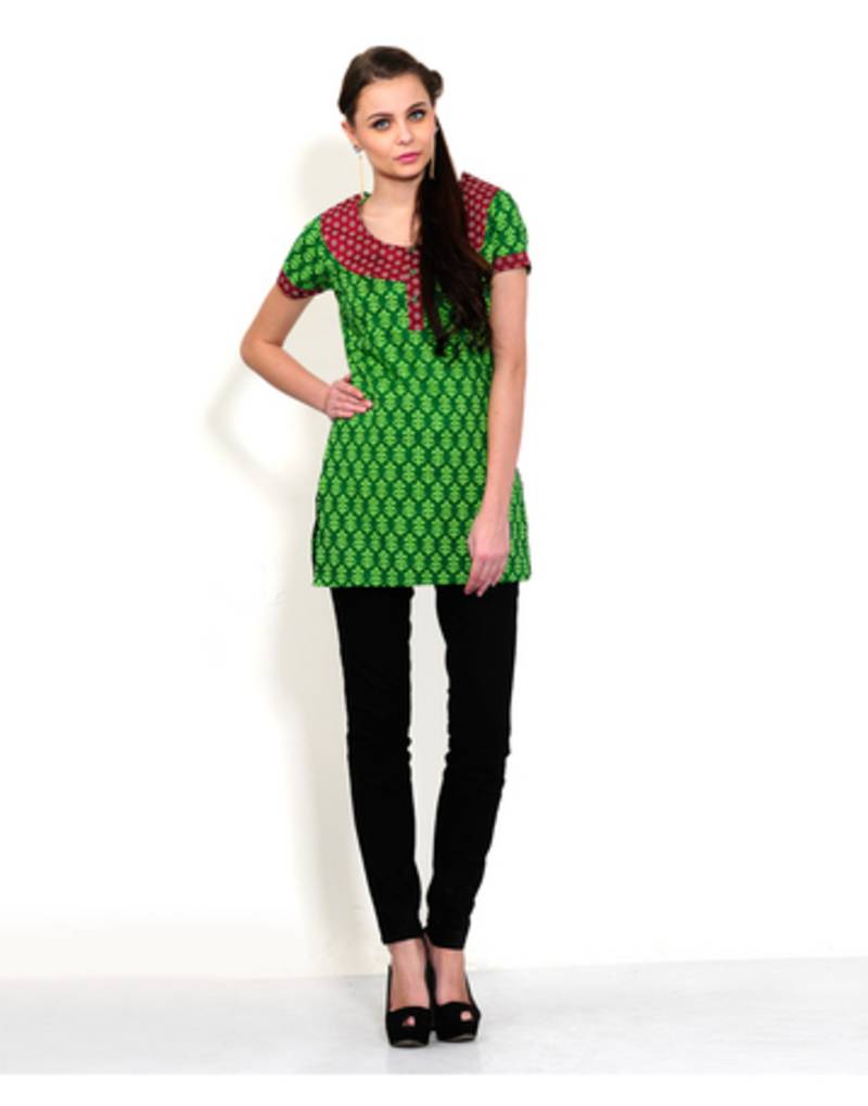Green & Maroon Printed Cotton Kurtis