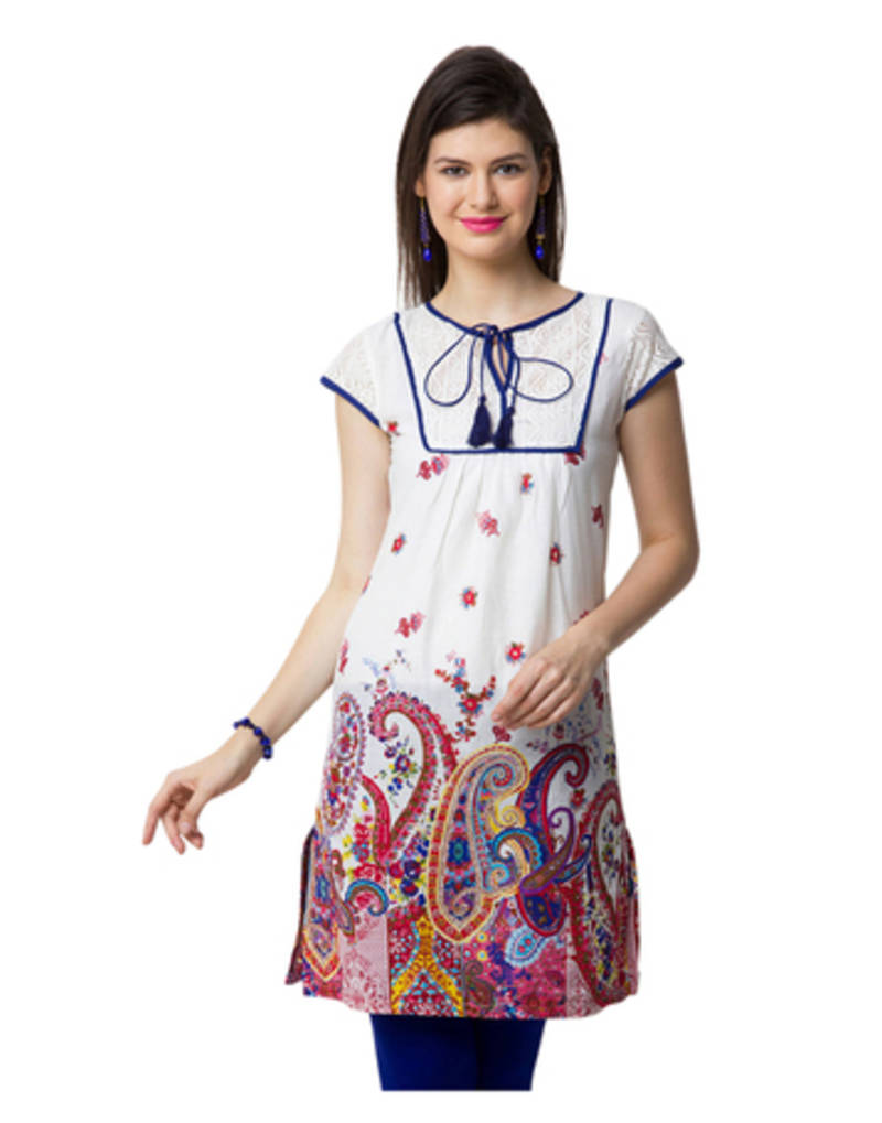 White & Blue Printed Cotton Kurtis