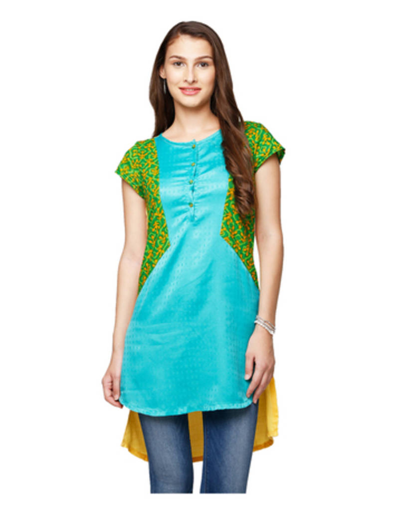 Blue & Yellow Solid Cotton Kurtis