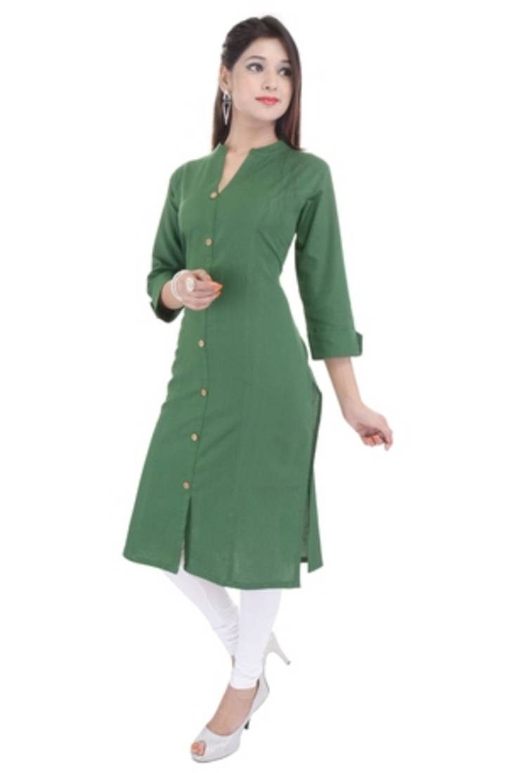 Mystique India Green 3|4 Sleeve Chinese Collar Khadi Long Kurti For women