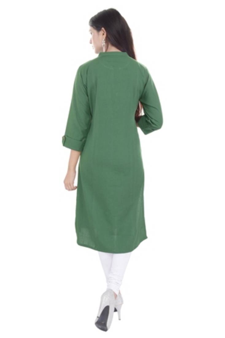 Mystique India Green 3|4 Sleeve Chinese Collar Khadi Long Kurti For women