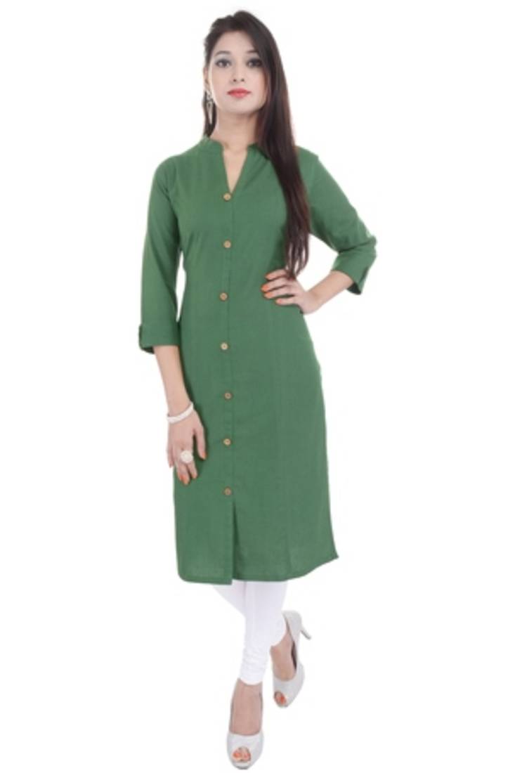 Mystique India Green 3|4 Sleeve Chinese Collar Khadi Long Kurti For women