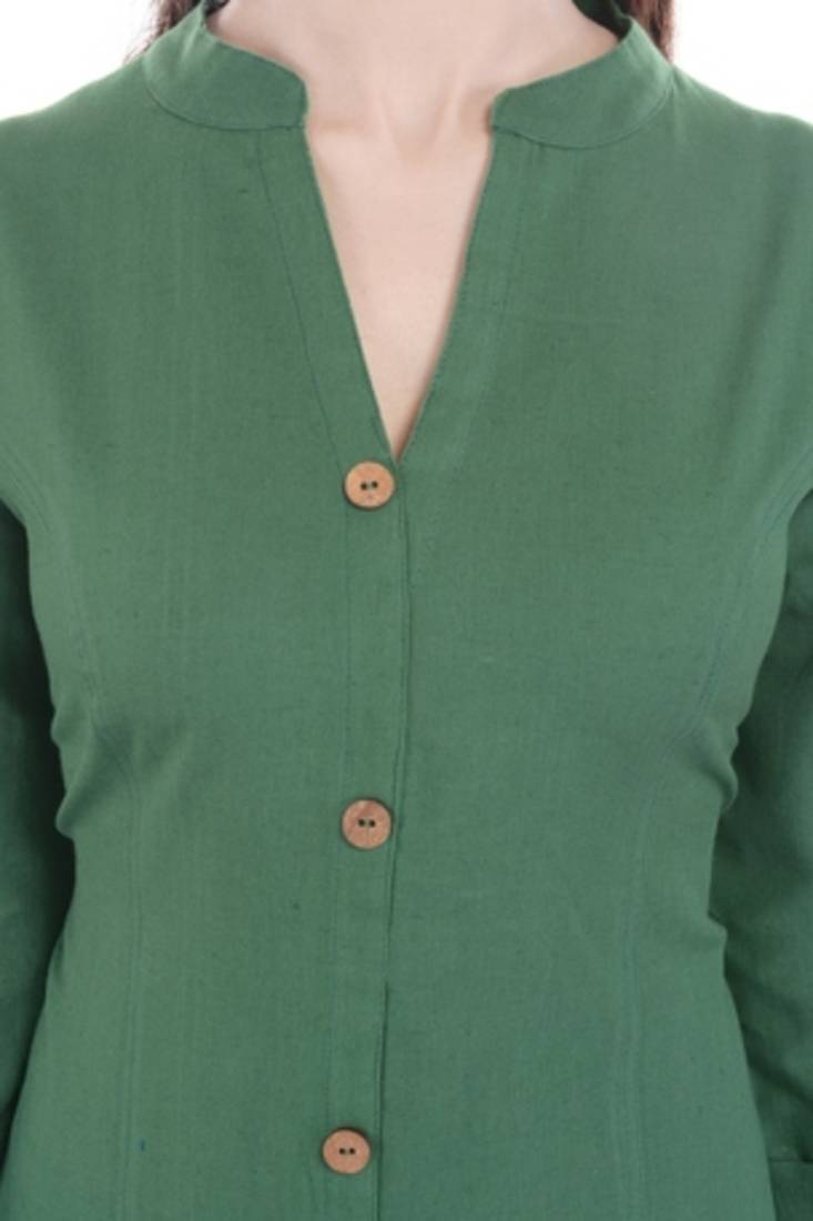 Mystique India Green 3|4 Sleeve Chinese Collar Khadi Long Kurti For women