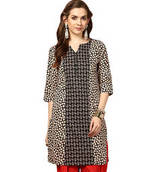 Beige & Black Printed Cotton Kurtis