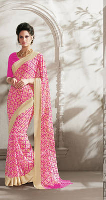 Pink printed gerogette saree with blouse 1