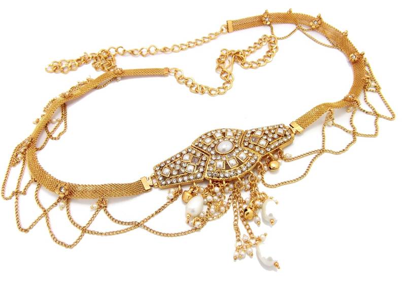 Bridal pearl cz beads mesh design gold plated saree waist belt